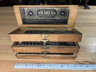 Antique The Russel Jennings Mfg. Co.13 spur auger bits set 32½ Qrs in a 3 tiered oak box, Patd Jan. 30, 1855 Antique The Russel Jennings Mfg. Co.13 spur auger bits set 32½ Qrs in a 3 tiered oak box, Patd Jan. 30, 1855