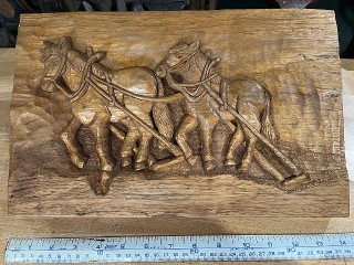 14 x 9 wood hand carved work horses with harness 14 x 9 wood hand carved work horses with harness