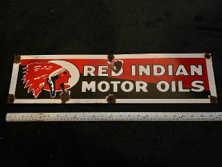 Vintage 1930's Red Indian Mortor Oils porcelain enamel gas station sign, 24-inch by 6-inch