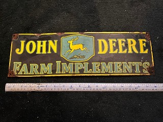 Vintage John Deere Farm Implements porcelain enamel sign, 18 1/4-inch by 5 3/4-inch.