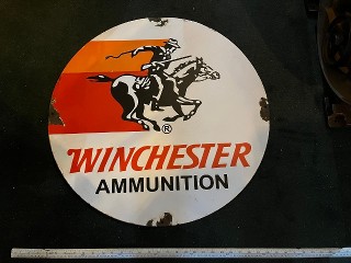 Vintage Winchester Ammunition porcelain enamel sign, 28-inch diameter