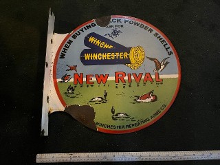 Vintage double sided Winchester New Rival, When Buying Black Powder Shells, Loaded by Winchester Repeating Arms Co.porcelain enamel flange sign, 17-inch by 17 1/2-inch