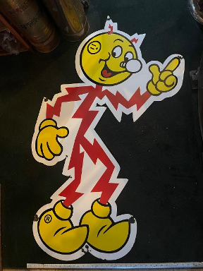 Vintage Reddy Kilowatt Man porcelain enamel sign, 36-inch by 55-inches tall, 