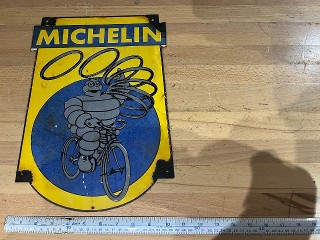 Vintage Michelin Man on Bicycle, porcelain enamel sign, 10-inch by 14-inch