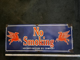 Vintage No Smoking, Socony-Vacuum Oil Company, Made in USA Porcelain enamel sign, 15-inch by 36-inch