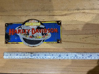 Vintage Harley Davidson Motor Cycles porcelain enamel sign, 8 1/8-inch by 4-inch