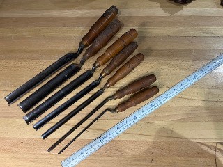 Vintage set of 7 BUCK BROS. Crane Neck Offset Tang Pattern Makers Carving Chisels Gouges Vintage set of 7 BUCK BROS. Crane Neck Offset Tang Pattern Makers Carving Chisels Gouges