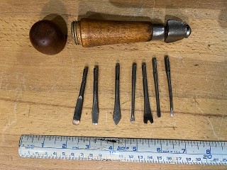 Antique boxwood tool handle, with 7 assorted bit tools that fit in handle