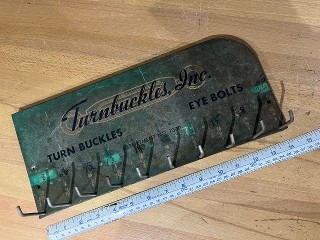 Vintage hardware store tool display of Turnbuckles Inc. Turn Buckles and Eye Bolts, it measures 14 x 6 with 10 hooks Vintage hardware store tool display of Turnbuckles Inc. Turn Buckles and Eye Bolts, it measures 14 x 6 with 10 hooks
