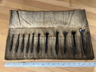 Antique 1800's set of 11 bat wing bits with canvas role, all have makers names on them, most are Marples Antique 1800's set of 11 bat wing bits with canvas role, all have makers names on them, most are Marples