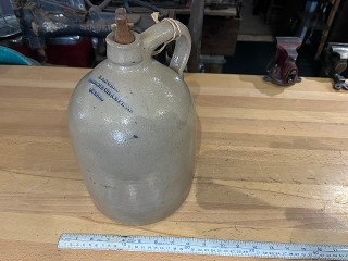 Antique Salt glazed whiskey, spirits, wine, shoulder jug, Langelier, 28 Deroche, Champlain, Quebec, Distillery. Antique Salt glazed whiskey, spirits, wine, shoulder jug, Langelier, 28 Deroche, Champlain, Quebec, Distillery.