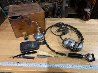 Antique Barber Shop Decor, 1919 Royal electric hair trimmer, straight razors, brush, sprayer in a 8 x 9 x 7 wood box Antique Barber Shop Decor, 1919 Royal electric hair trimmer, straight razors, brush, sprayer in a 8 x 9 x 7 wood box