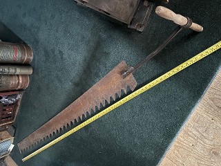 Antique ice saw with a 60 inch blade and 74 inch long with embossed Disston #2 handle Antique ice saw with a 60 inch blade and 74 inch long with embossed Disston #2 handle