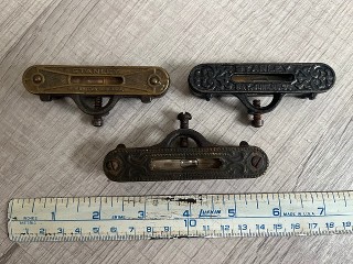 Stanley 41, Pat'd June 23, 1896, Stanley 40 1/2, brass top plate, Ornate brass top plate 3 3/8, antique levels for squares. Stanley 41, Pat'd June 23, 1896, Stanley 40 1/2, brass top plate, Ornate brass top plate 3 3/8, antique levels for squares.