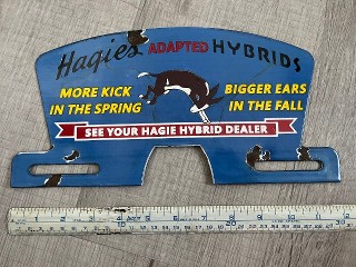 1944 Hagie's Adapted Hybrids drought resistant seed corn display rack topper, porcelain enamel sign, 12-inch by 6-inch, More kick in the spring, Bigger ears in the fall.