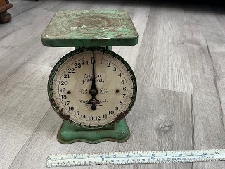 Antique pastel green American Family scale, weighs up to 25 lbs. Antique pastel green American Family scale, weighs up to 25 lbs.