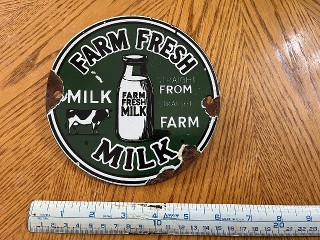 Vintage Farm Fresh Milk porcelain enamel sign, Milk straight from the farm, measures 6 inch diameter.