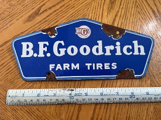 Vintage B.F. Goodrich Farm Tires porcelain enamel sign, measures 10 x 4 1/4
