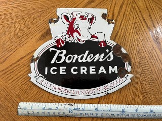 Vintage Borden's Ice Cream porcelain enamel sign, measures 8 1/2 x 8, If it's Borden's it's got to be good.