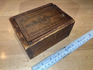 Vintage wood finger joint empty box with a slide top, Rex AAA High Speed Steel Bits, Crucible Steel Co. of America, measures 5 1/2 x 4 x 2 1/2 Vintage wood finger joint empty box with a slide top, Rex AAA High Speed Steel Bits, Crucible Steel Co. of America, measures 5 1/2 x 4 x 2 1/2