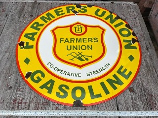 Vintage Farmers Union Gasoline Co-Operative Strength, 30 inch diameter porcelain enamel sign.