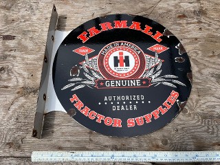 Vintage Farmal Tractor Supplies Authorized Dealer, International Harvester 17 inch double sided porcelain enamel flange sign.  