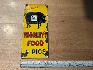 Vintage Thorley's Food for Pigs inside knowledge, 4 1/2 x 10 porcelain enamel sign.