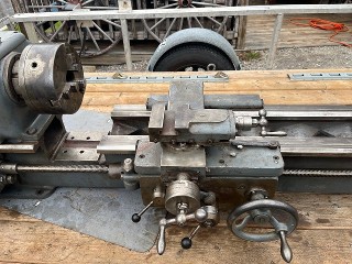 1970's Mysore Kirloskar KWL2 Western Steel Lathe, 13-inch x 40-inch lathe, 20-inch between gap, 8-inch 3-jaw chuck with 2-inch hole thru, Jacobs drill chuck for tailstock, 2 hp. 220 volts motor, with pedestal base feet, weighs about 15 hundred pounds, from H.H. Roberts' Machinery Limited Toronto Canada