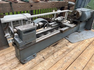 1970's Mysore Kirloskar KWL2 Western Steel Lathe, 13-inch x 40-inch lathe, 20-inch between gap, 8-inch 3-jaw chuck with 2-inch hole thru, Jacobs drill chuck for tailstock, 2 hp. 220 volts motor, with pedestal base feet, weighs about 15 hundred pounds, from H.H. Roberts' Machinery Limited Toronto Canada
