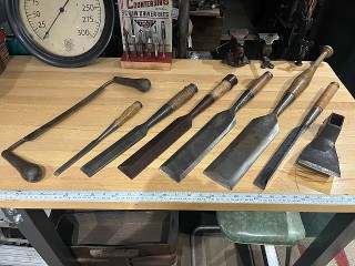 1870-1901 James Warnock Co. Limited, Galt Ontario Canada, Timber framing chisels, corner chisel, slick, adze, and drawknife, 3, 2 1/2, 2, 1 1/2, 1/2. 1870-1901 James Warnock Co. Limited, Galt Ontario Canada, Timber framing chisels, corner chisel, slick, adze, and drawknife, 3, 2 1/2, 2, 1 1/2, 1/2.