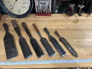 Antique and Vintage Large 3-inch to 2-inch Socket Gouge Chisels Antique and Vintage Large 3-inch to 2-inch Socket Gouge Chisels