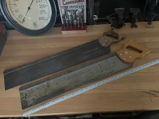 Vintage Stanley No. 39-122 24-inch steel back miter saw and Nicholson USA 25-inch steel back miter saw. Vintage Stanley No. 39-122 24-inch steel back miter saw and Nicholson USA 25-inch steel back miter saw.