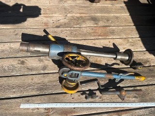 Antique 1883 W.F. & J. Barnes camel back drill press parts, Morse taper No. 3 spindle, feed lever, gears, hand wheel. Antique 1883 W.F. & J. Barnes camel back drill press parts, Morse taper No. 3 spindle, feed lever, gears, hand wheel.