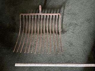 Vintage huge 14 tine pitch fork, 17-inches wide by 17-inches long, weighs about 7 1/2 lbs.