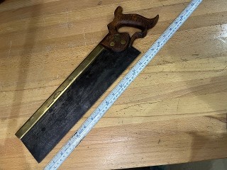 Antique 1888 G. P. Preston, Lynx Trade Mark, 14-inch brass back tenon saw, 10 TPI, with split nuts. Antique 1888 G. P. Preston, Lynx Trade Mark, 14-inch brass back tenon saw, 10 TPI, with split nuts.