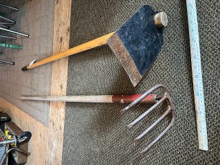 Very large Italian grape hoe or grub hoe with removable 5 foot hardwood handle, and a 4 prong square drag fork