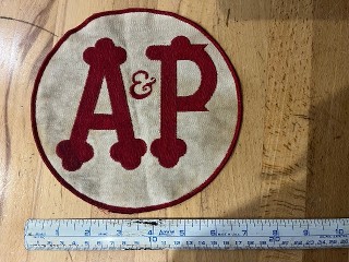 Vintage A & P (Great Atlantic & Pacific Tea Company) grocery store uniform patch, it measures 7-inch in diameter, made of heavy cotton. Vintage A & P (Great Atlantic & Pacific Tea Company) grocery store uniform patch, it measures 7-inch in diameter, made of heavy cotton.