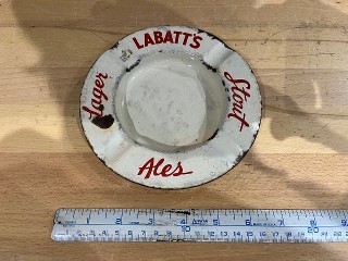 Antique Labats Lager Stout Ales porcelain enamel ashtray, it measures 6 1/4-inches in diameter. Antique Labats Lager Stout Ales porcelain enamel ashtray, it measures 6 1/4-inches in diameter.