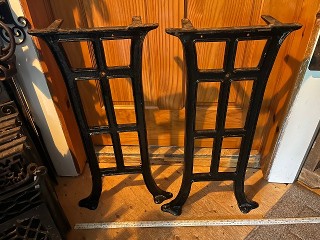 Antique cast iron legs from a teachers school desk, measures 16 x 4 1/4 x 28 high, weighs about 14 lbs. each. Antique cast iron legs from a teachers school desk, measures 16 x 4 1/4 x 28 high, weighs about 14 lbs. each.