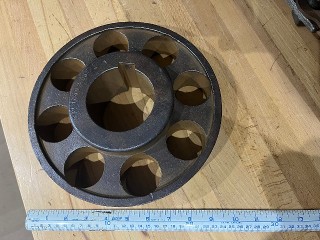 Antique flat belt pulley, 2 x 9-inch diameter with a 3-inch keyed arbor hole, weighs 20 lbs. Antique flat belt pulley, 2 x 9-inch diameter with a 3-inch keyed arbor hole, weighs 20 lbs.