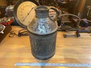 Antique 1880 J.B. Prescott Co. Bedford, Mass. 44, milk or cream can, it measures 8 x 13 1/2 high with a 3-inch diameter opening on top.