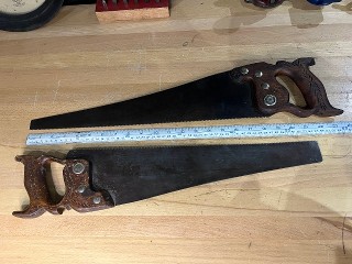 Antique 1905 E.C. Simmons Keen Kutter 18-inch crosscut saw with 9 TPI, and a No. 228 Eureka 18-inch crosscut saw with 10 TPI. Antique 1905 E.C. Simmons Keen Kutter 18-inch crosscut saw with 9 TPI, and a No. 228 Eureka 18-inch crosscut saw with 10 TPI.