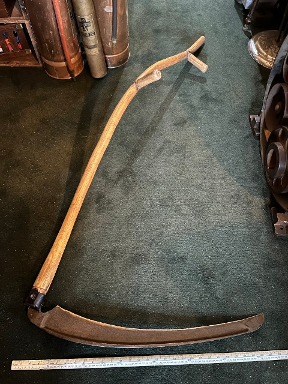 Antique wood handled hand scythe with  a 26-inch grain or hay blade,