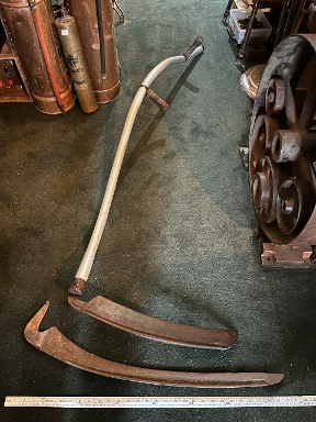 Vintage nice aluminum handle scythe with an 18-inch brush blade and a 28-inch grass blade ready to work,