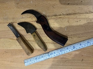 Vintage Dexter tabbaco knife, and home made hook knife, leather knife. Vintage Dexter tabbaco knife, and home made hook knife, leather knife.