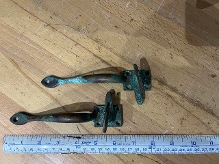 Antique brass with green patina cabinet handles with latch, 6-inches long Antique brass with green patina cabinet handles with latch, 6-inches long