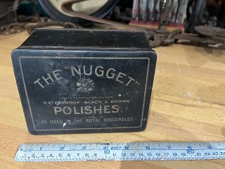 Antique 1898-1915, The Nugget Polishes, Black Boot Polish, As used in the Royal Households, hinged store display tin to hold the small round tins for sale, it measures 6 x 4 1/4 x 2 3/4 high. Antique 1898-1915, The Nugget Polishes, Black Boot Polish, As used in the Royal Households, hinged store display tin to hold the small round tins for sale, it measures 6 x 4 1/4 x 2 3/4 high.
