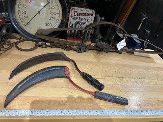 Vintage True Temper Kelly Perfect No. 4 hand sickle cutter and a no-name adjustable blade sickle.