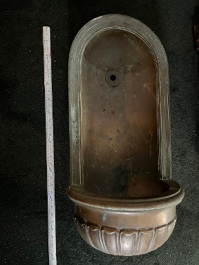 Antique heavy solid brass very old fountain from a church with nice patina. It weighs about 50 lbs. It measures about 28 inches tall by 13 1/2 inches wide with a 10 inch basin. Antique heavy solid brass very old fountain from a church with nice patina. It weighs about 50 lbs. It measures about 28 inches tall by 13 1/2 inches wide with a 10 inch basin.