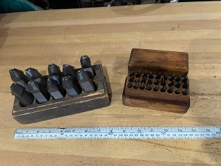 Vintage set of 1/16 letter stamps and set of Mecco wedge grip 3/8 steel number stamps 0 to 9 Vintage set of 1/16 letter stamps and set of Mecco wedge grip 3/8 steel number stamps 0 to 9